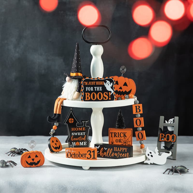 Glitzhome Halloween Christmas Gnome Pumpkin Block Set Word Sign Table Decor with Tiered Tray