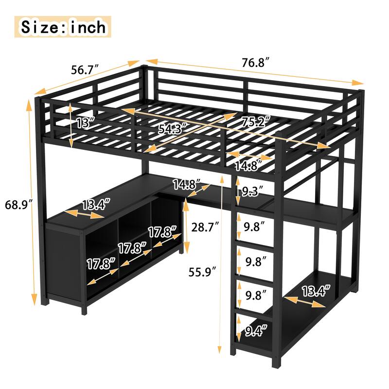 Full/Queen Metal Loft Bed with L-Shaped Desk, Wardrobe, Storage Shelves & Guardrails for Teens and Adults
