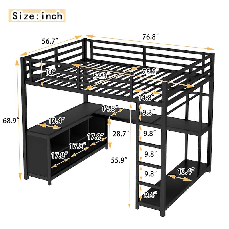 Full Size Metal Loft Bed with Wardrobe, Storage Cubes and L-shaped Desk