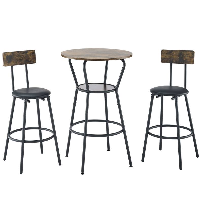 Rustic Style 3-Piece Dining Set with Round Bar Table and 2 PU Upholstered Bar Stools