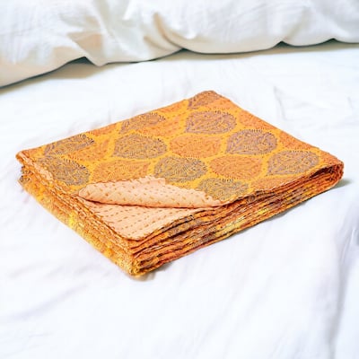 HomeRoots 50" X 70" Yellow and Peach Kantha Cotton Patchwork Throw Blanket with Embroidery