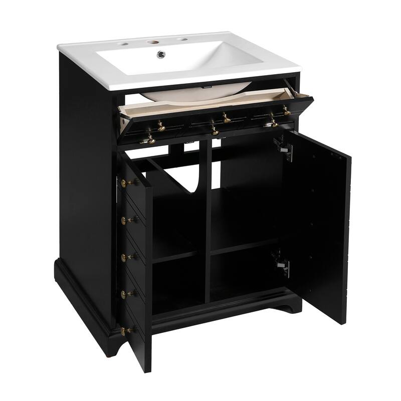 Roomfitters 24" Vanity with Ceramic Sink, Bathroom Cabinet with Drawer and 2 Soft Closing Doors, Compact Storage, Black