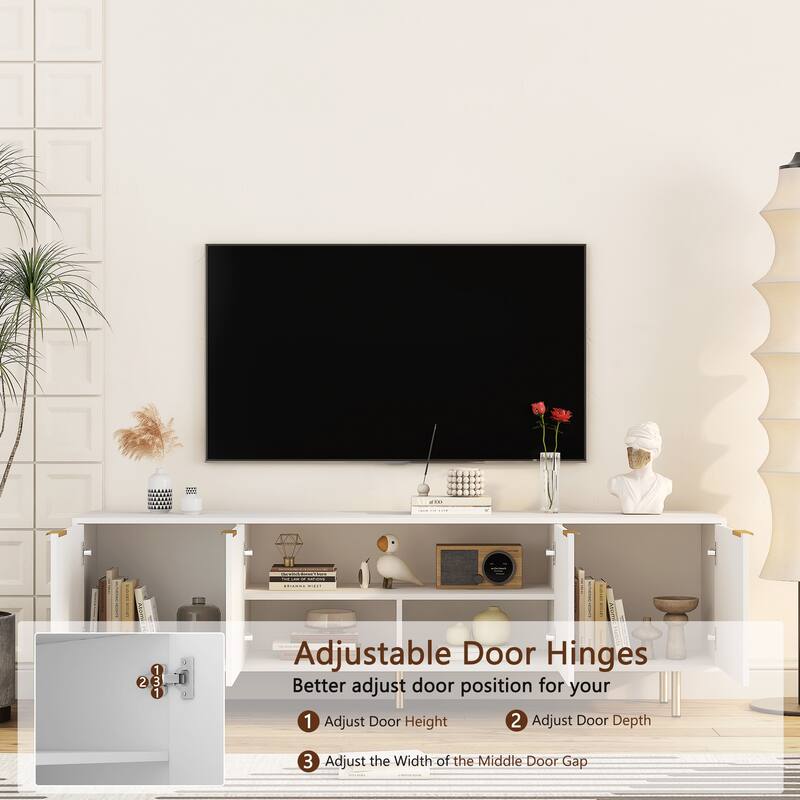 White TV Stand Fluted 68" with Power Outlet,Entertainment Center with Storage Doors,TV Console Media Cabinet,for 55+ Inch TV
