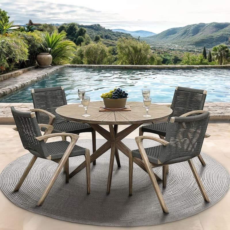 Solid Eucalyptus Wood and Rope Outdoor Patio 5 Piece Round Dining Set with Arm Chairs