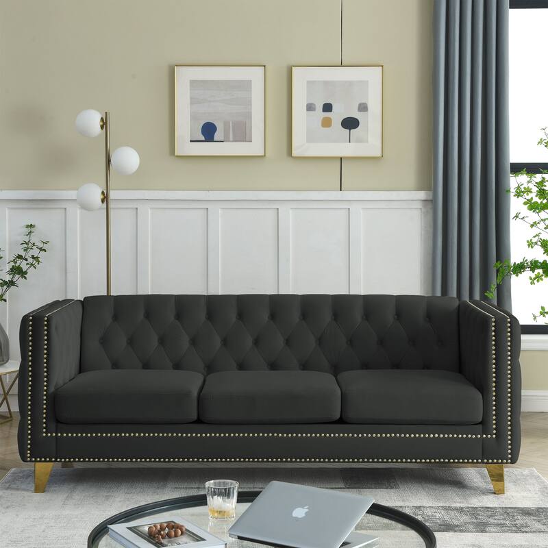 Velvet Chesterfield Sofa Set for Living Room, 3+3 Beige Sofa with Button Tufting, Square Arms, and Metal Legs