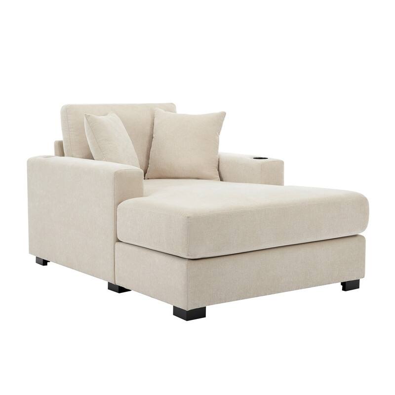 Chenille Fabric Oversized Chaise Lounger, 39.7''/43.5''/55'' Chair Bed Sofa Couch with Pillows, Charge Station & Cup Holders