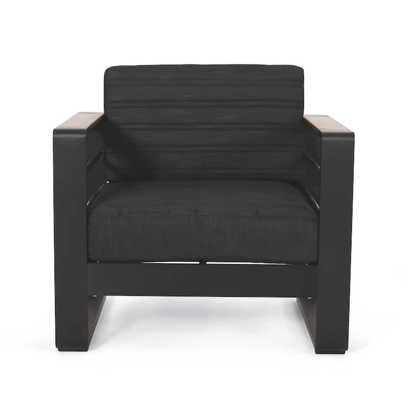 Roomfitters Modern Outdoor Club Chairs with Wood Arm Accents, Deep Cushioned Lounge