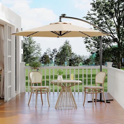 10ft Solar Lights Offset Patio Umbrella, Cantilever Umbrella with Easy Lift & Tilt Adjustment, 8 Ribs Sun Umbrella UV