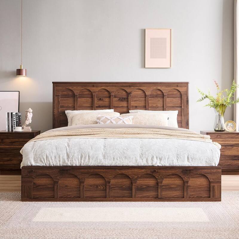 Modern King Size Bed Frame, 52" Tall Arched Recessed Headboard