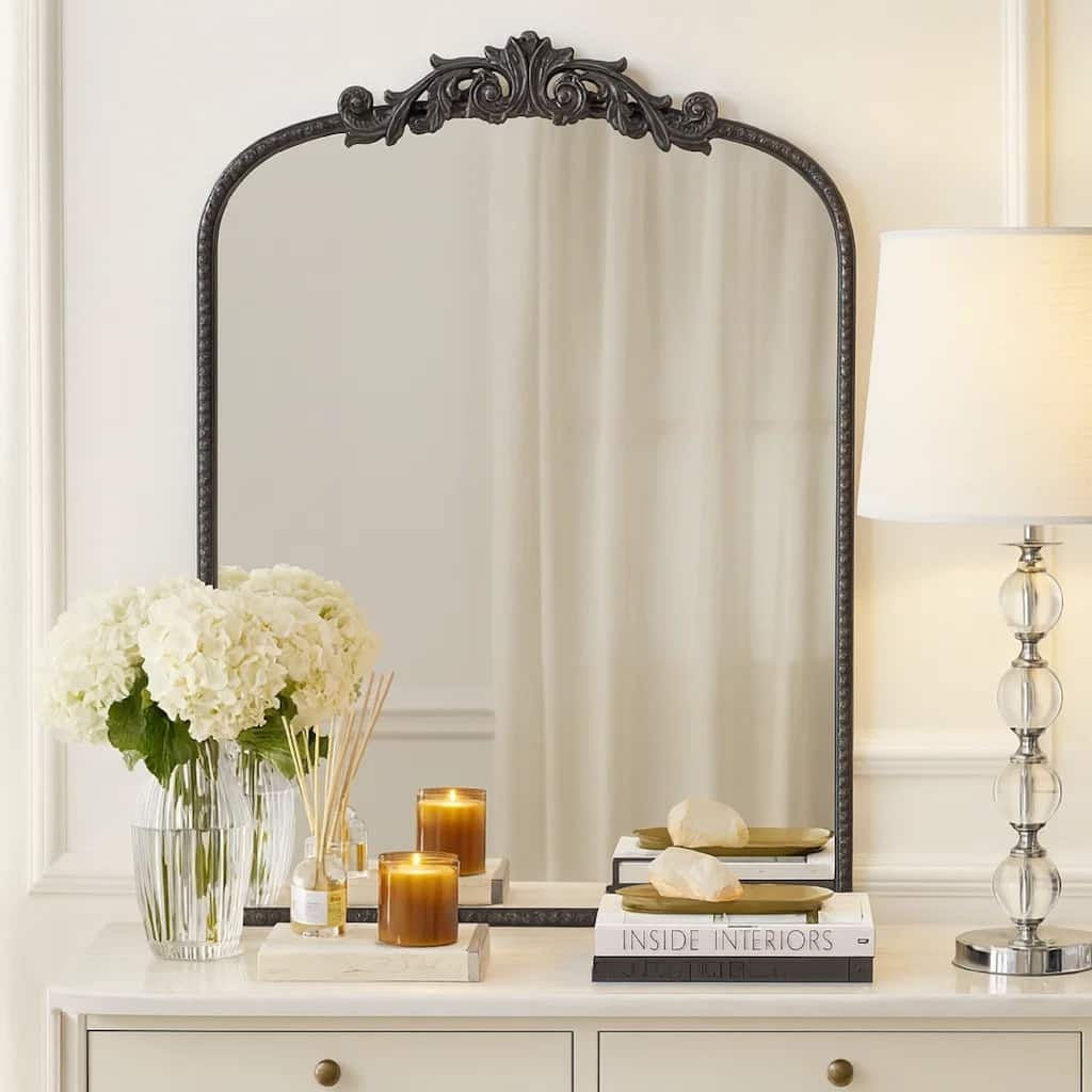 Kea 36 Inch Wall Mirror, Black Curved Metal Frame, Baroque Accent Design
