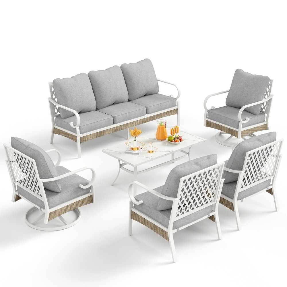 MAISON ARTS 7-Seat Patio Conversation Set, 2/4 x Cushioned Metal Chair, 1 x 2-Seat Sofa,1 x 3-Seat Sofa with Coffee Table