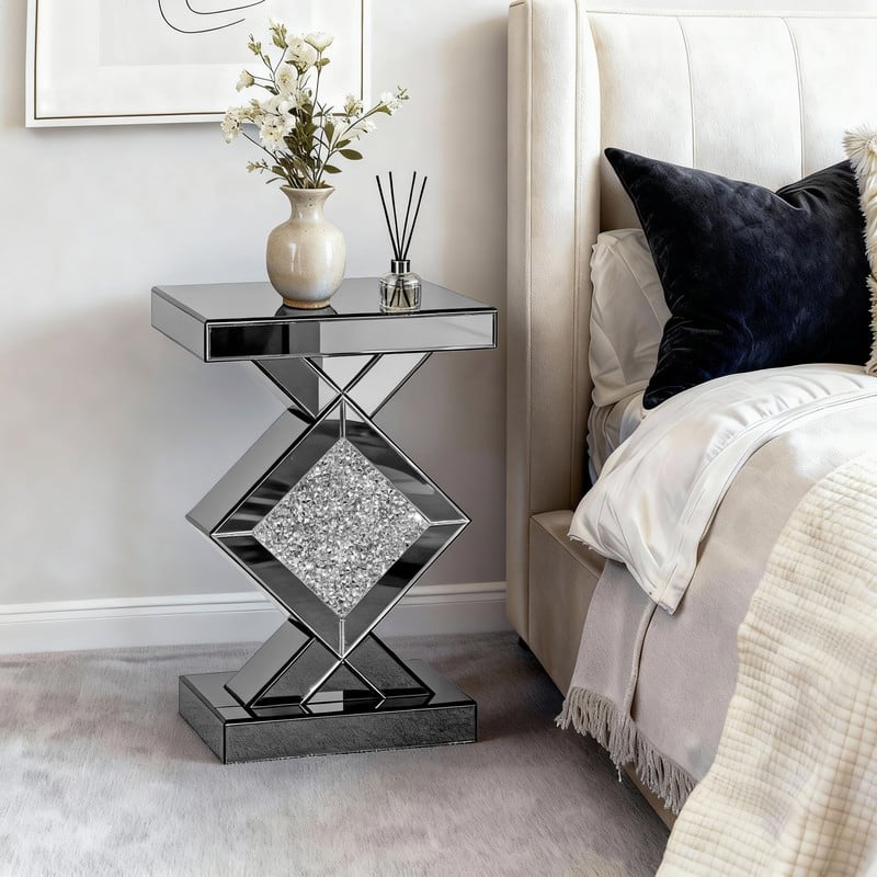23" Tall Mirrored Glass End Table With Crushed Diamond - Grey