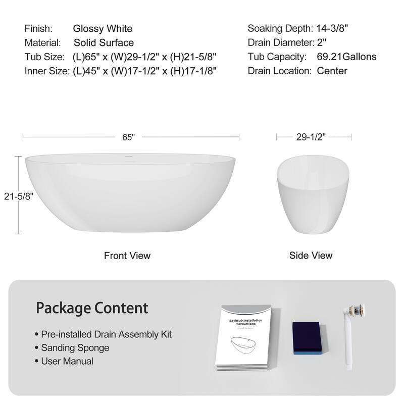 65" Glossy White Solid Surface Bathtub