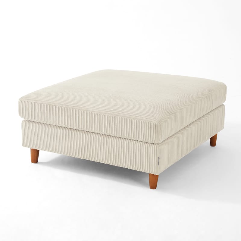 Modern Square Corduroy Upholstered Ottoman With Wood Leg - 18.4" H - Beige-S