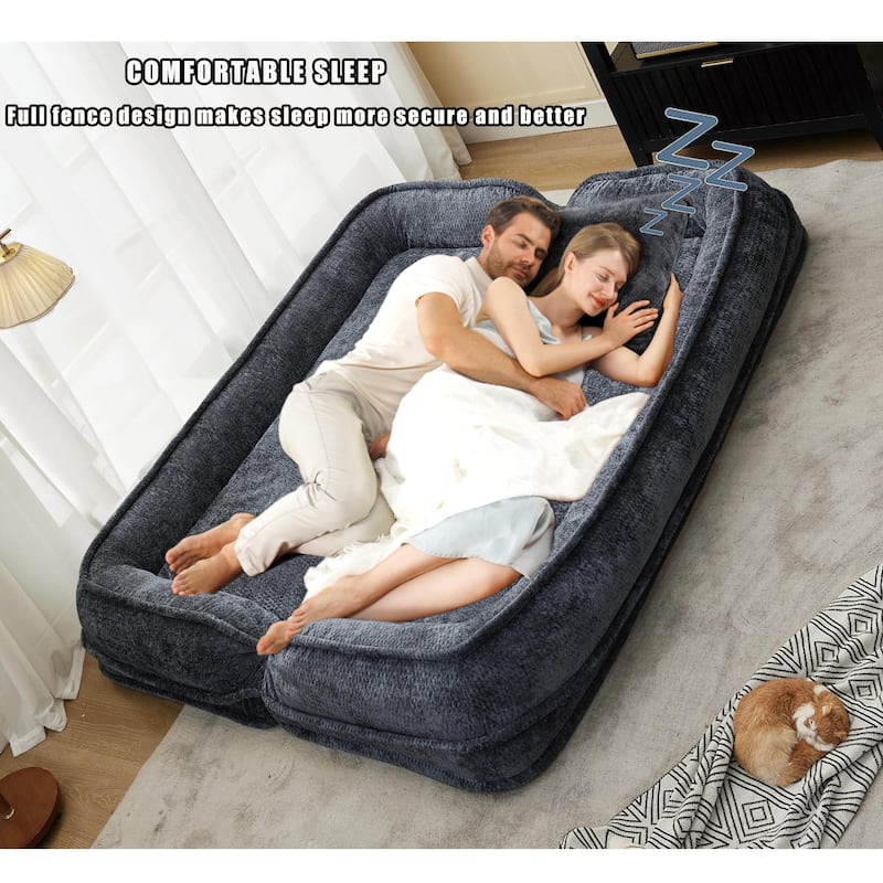 Pet Friendly Lazy Loveseat Sofa 2-in-1 Chenille Floor Couch Double Human Sleeper Bed with 5 Adjustable Position, Plump Pillows