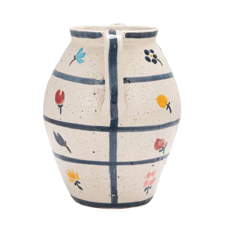 Hand-Painted Terra-cotta Urn with Flowers and Grid Pattern in Crackle Glaze