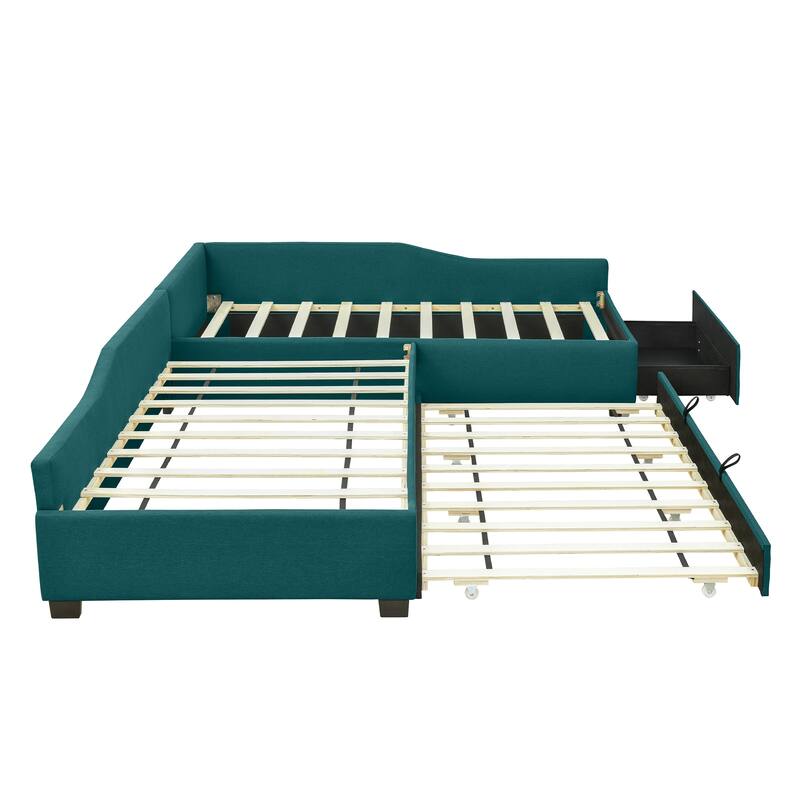 Green Upholstered Twin Daybed with Trundle and Storage Drawer