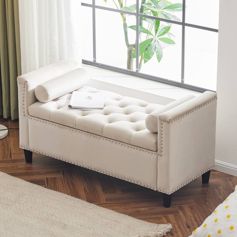 Accent Stool Bedroom End of Bed Bench with Tufted Buttons, Storage Stool Leisure Stool with Armrests and Flap