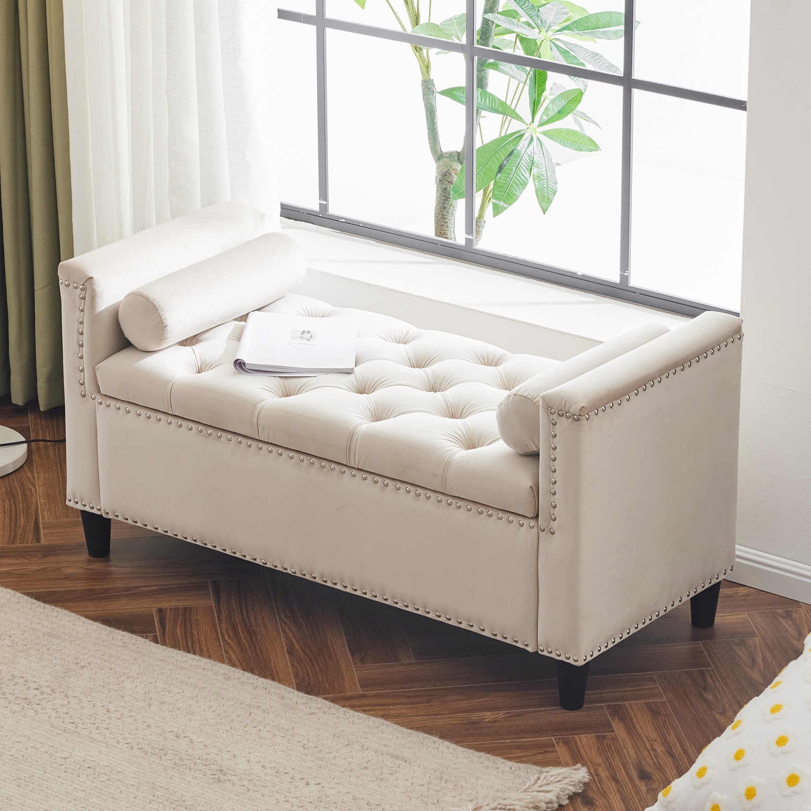 Cream Velvet Upholstered Storage Ottoman Storage Bench with