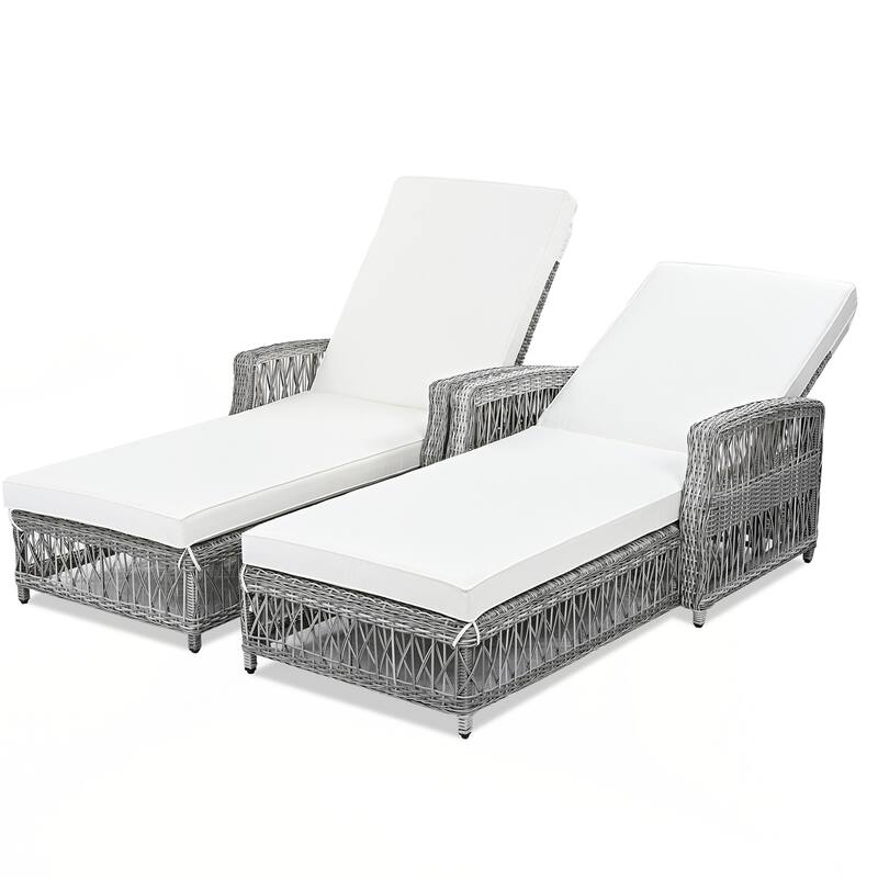 2 Pieces Long Reclining Chaise, Outdoor Wicker Lounge with Armrests, Patio Adjustable Recliner with Soft Removable Cushions - Beige