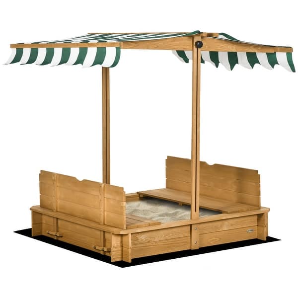 slide 2 of 11, Wooden Kids Sandbox with Cover, Children Outdoor Sand Box with Foldable Bench Seats, Adjustable Canopy, Bottom Liner Colorful