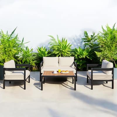 Outdoor Iron Sofa Set with Table, Rattan Accents, Waterproof and Rust-Proof - Ideal for Gardens, Patios, and Lawns