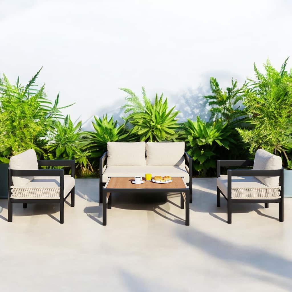 Outdoor Iron Sofa Set with Table, Rattan Accents, Waterproof and Rust-Proof - Ideal for Gardens, Patios, and Lawns