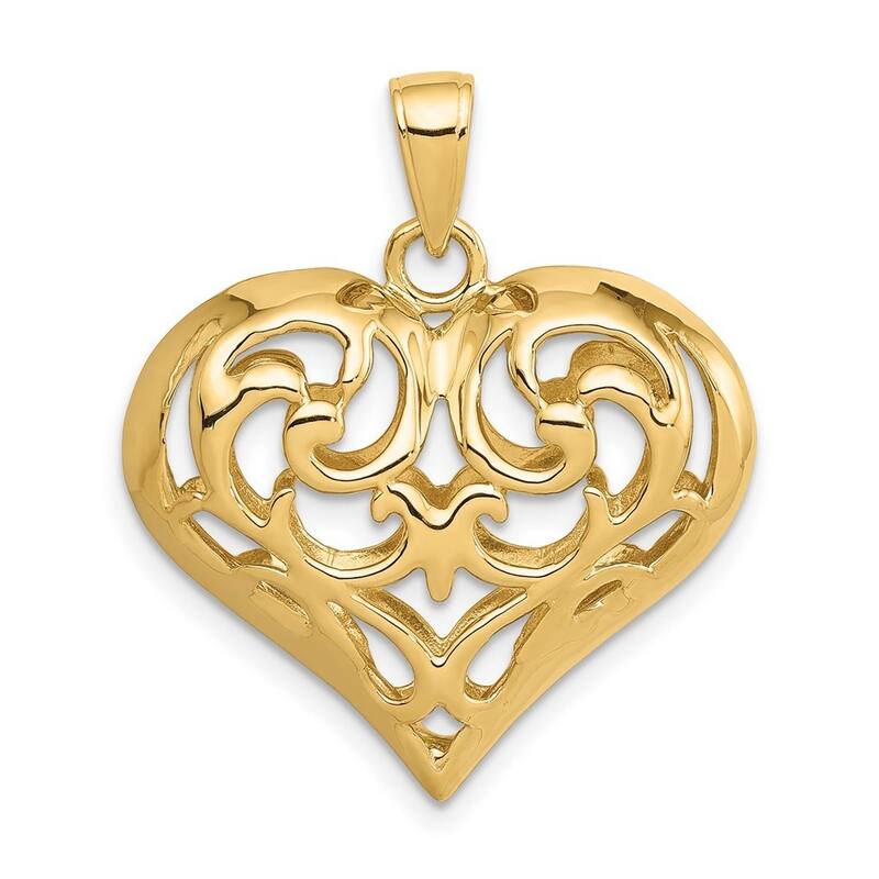Curata 14k Yellow Gold 18" 3-d Sparkle-Cut Open Filigree Heart Pendant Necklace