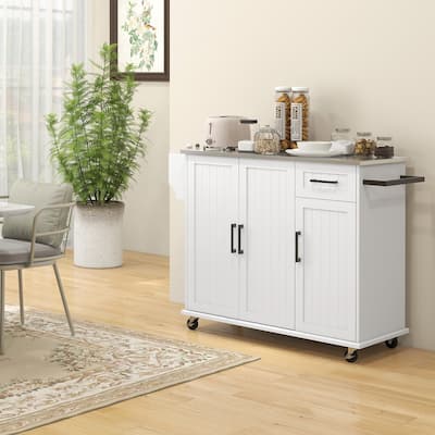 HOMCOM Kitchen Island with Storage, Rolling Kitchen Island on Wheels with Drawer, 3 Cabinets, Stainless Steel Countertop
