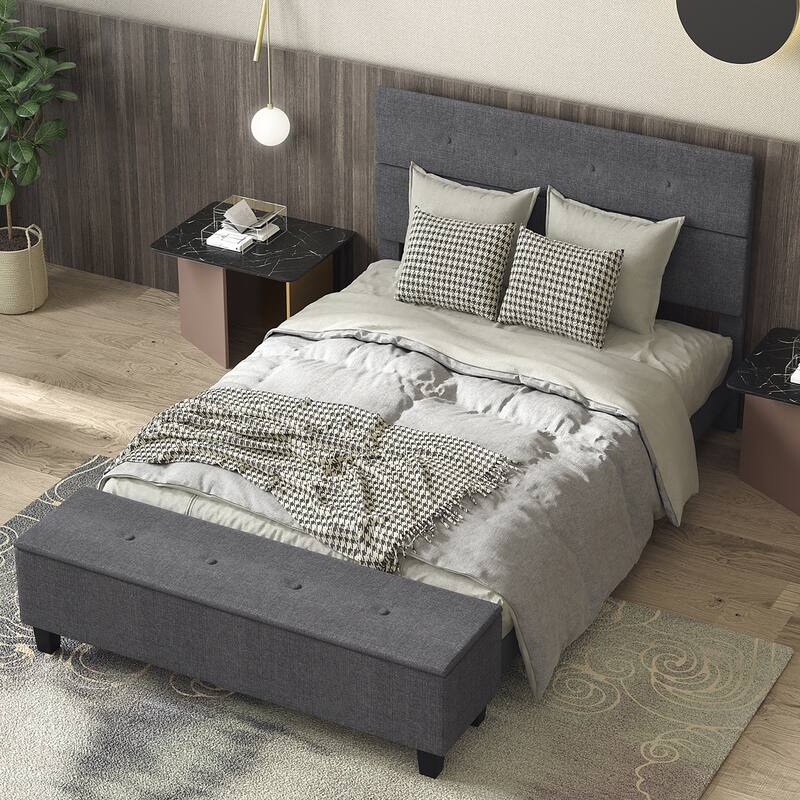 Costway Full Upholstered Bed Frame with Ottoman Storage Linen Button
