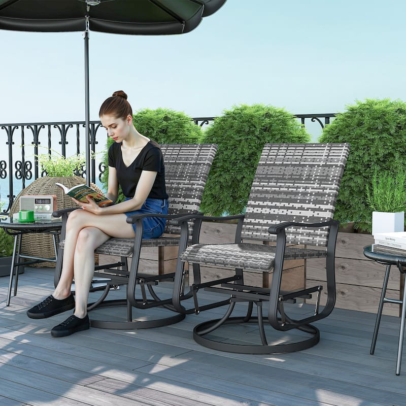 Set of 2 Rattan Gliding Chairs Swivel and Glide Indoor Outdoor Patio Garden with High Back and Steel Frame