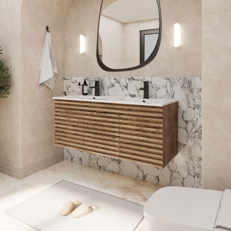 Wall Mounted Bathroom Vanity Set W/ Drop in Sink Mid-Century Cabinet Set