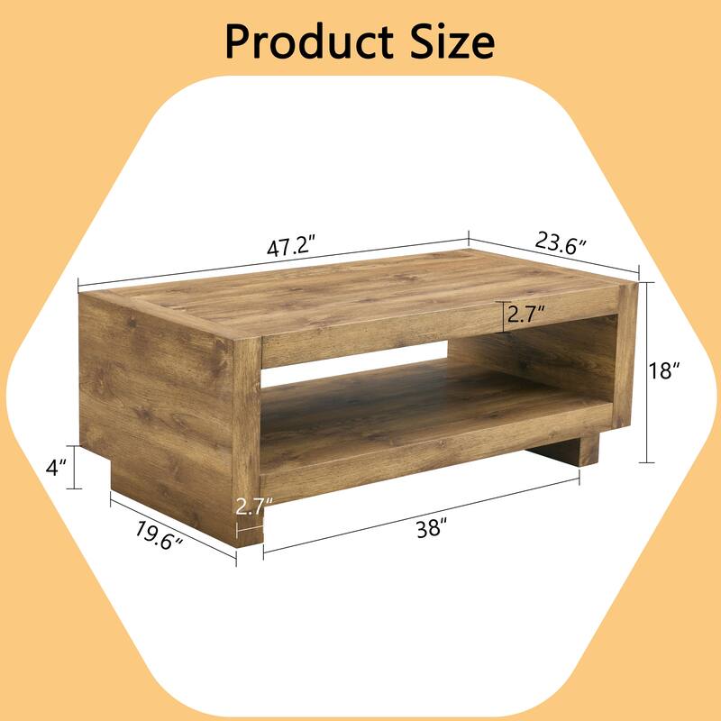 Mid-century Minimalist Rectangular Wooden Coffee Table with Shelf