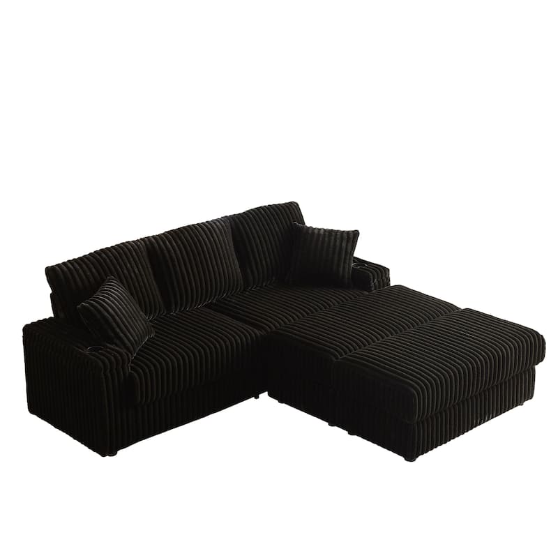 84" Corduroy 3-Seater Sofa with Storage, Ottoman and Cup Holders, Includes 5 Pillows