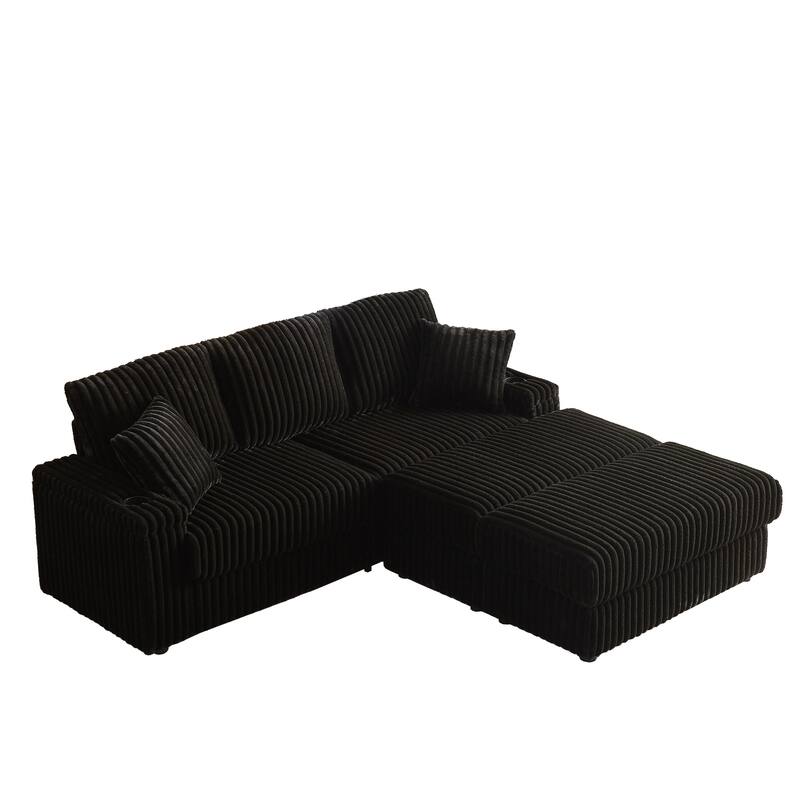 84" Corduroy Deep Seat Sofa Set with 5 Pillows for Livingroom 3-seater Storage Sofa with Ottoman and Cup-holding