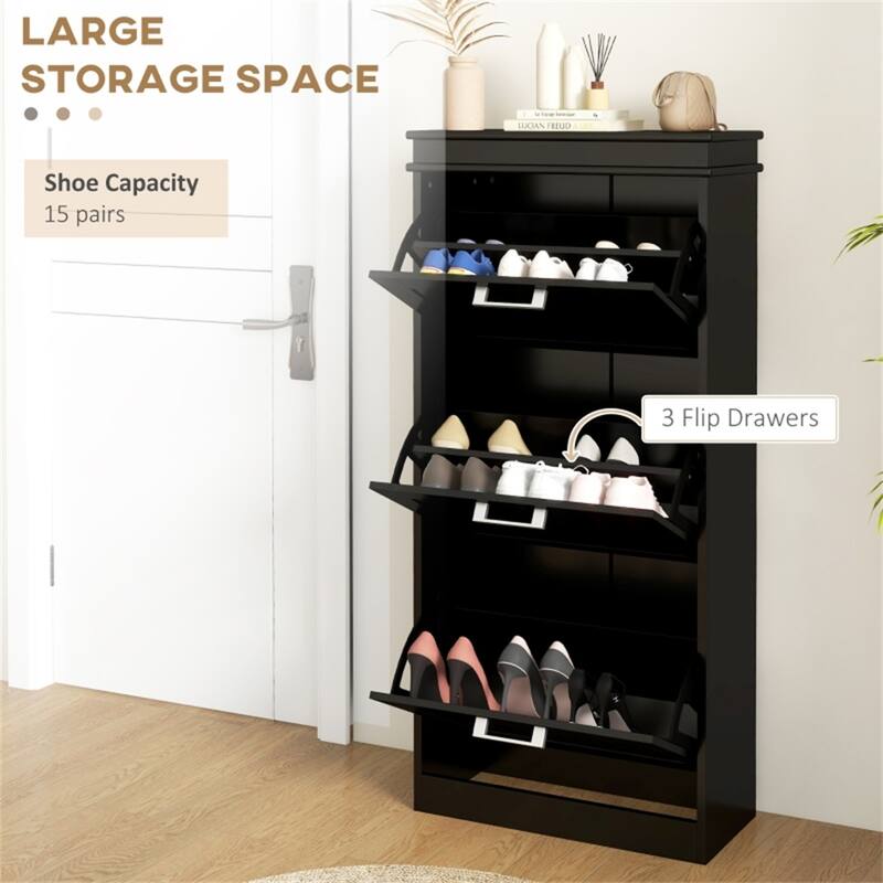 Black MDF Shoe Cabinet with Tilt Out Drawers Adjustable Shelves Anti Tipping Compact Storage Organizer for Home