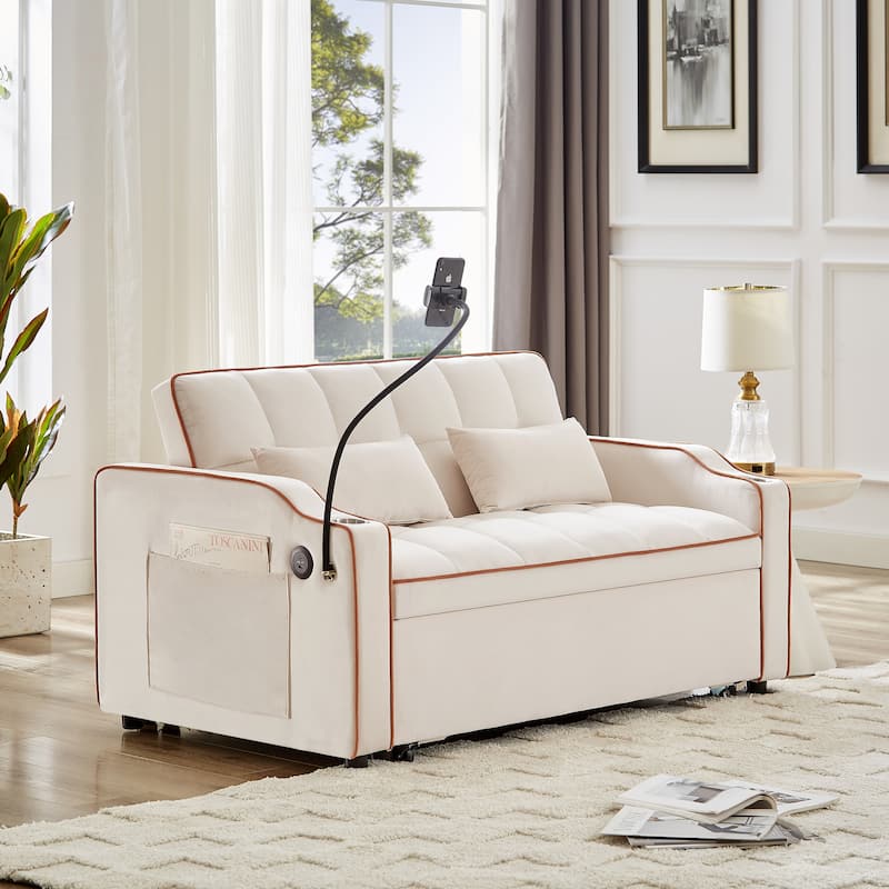 Versatile Foldable Sofa Bed in Beige, Solid Wood+MDF+Resin, Adjustable Back, USB Port & Phone Stand