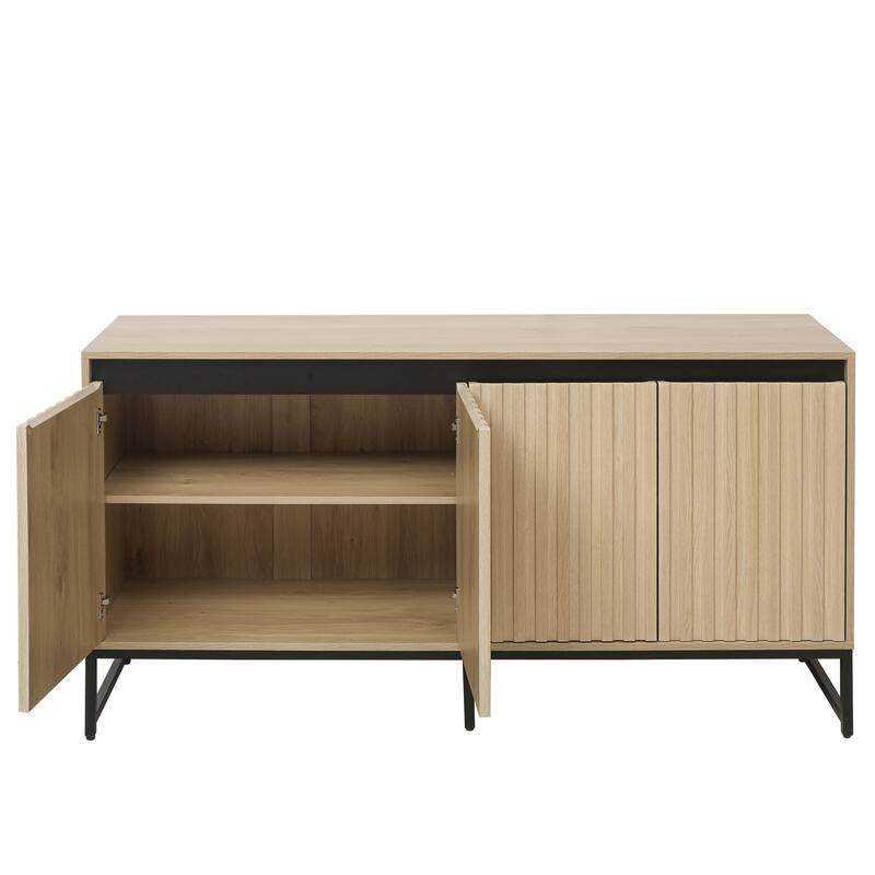 LED Sideboard Buffet Cabinet Storage Cabinet w/ Adjustable Shelf, Carved Cupboard Console Table for Living Room Hallway, Natural