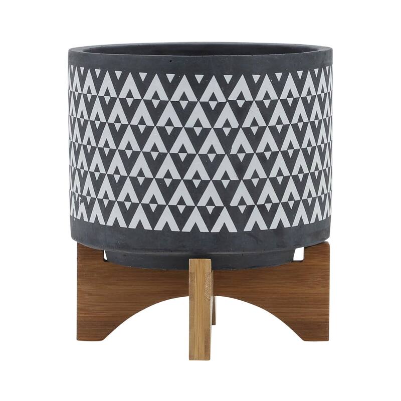 8-inch Ceramic Planter on Wooden Stand - Grey