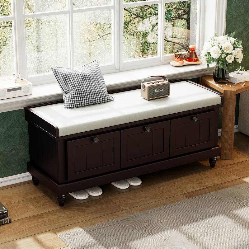 Classic Wood Shoe Bench with Cushion and 3 Drawers, Upholstered Storage Bench with Handle for Living Room, Entryway