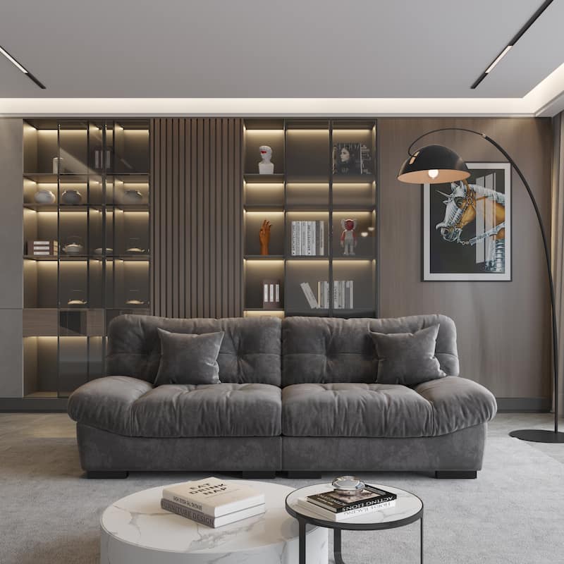 89" Fluffy Cloud Couches Sectional, Modern Minimalist Sofas With Two Pillows - Grey