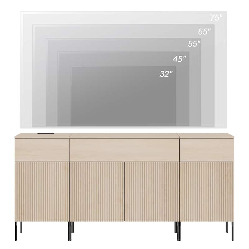 63" Wooden Reeded Sideboard With Doors And Drawers, 3-In-1 Modern Credenza With Charging