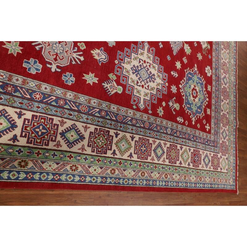Geometric Red Large Kazak Oriental Area Rug Hand-Knotted Wool Carpet - 10'0" x 13'9"