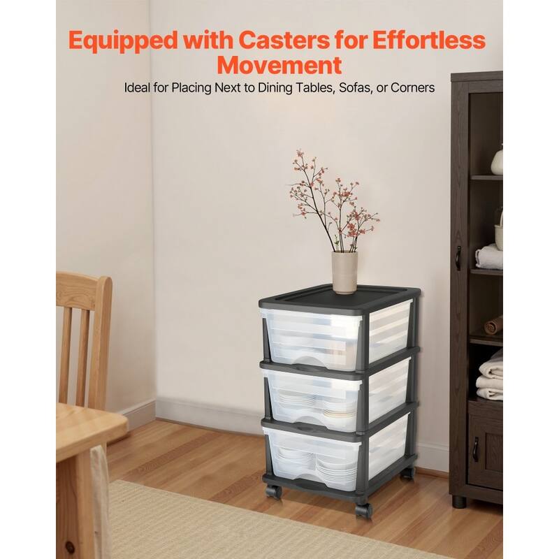 Multi-Purpose Plastic Storage Drawers with Transparent Front and Rolling Cabinet for Bedroom or Kitchen