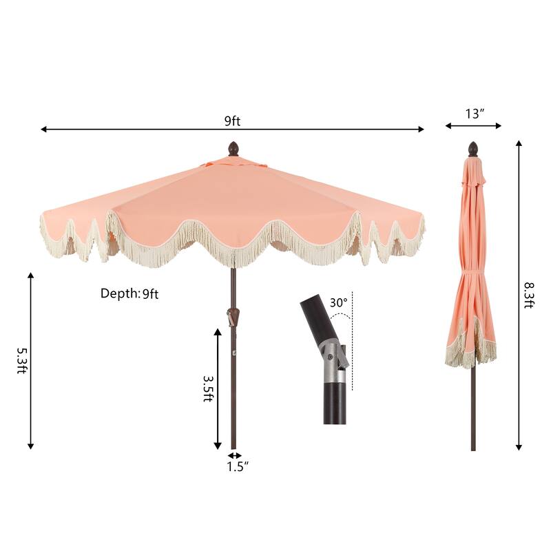9ft Tassel Patio Umbrella Auto-Tilt, Crank , by JONATHAN Y