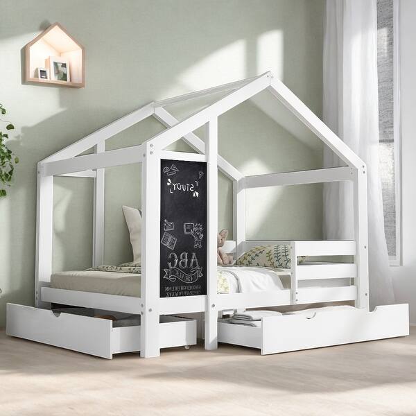 slide 2 of 7, Full House Bed Frame with Blackboard & Drawers, Two Assembly Methods for Kids, White White