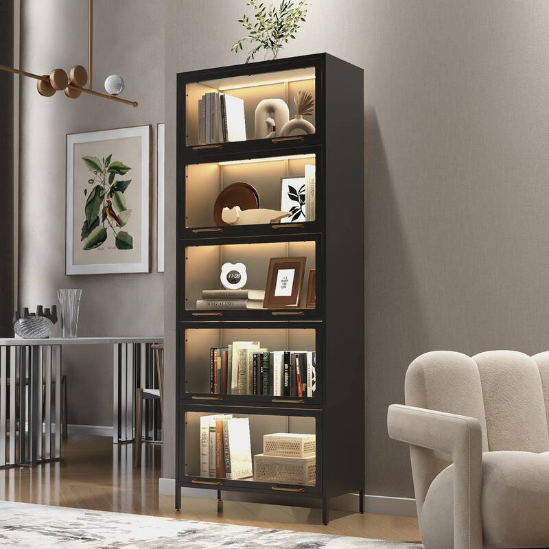 78.75'' Display Cabinet w/LED Lights, 5-Tier Tall Bookshelf with Glass Doors Bookshelves Bookcase
