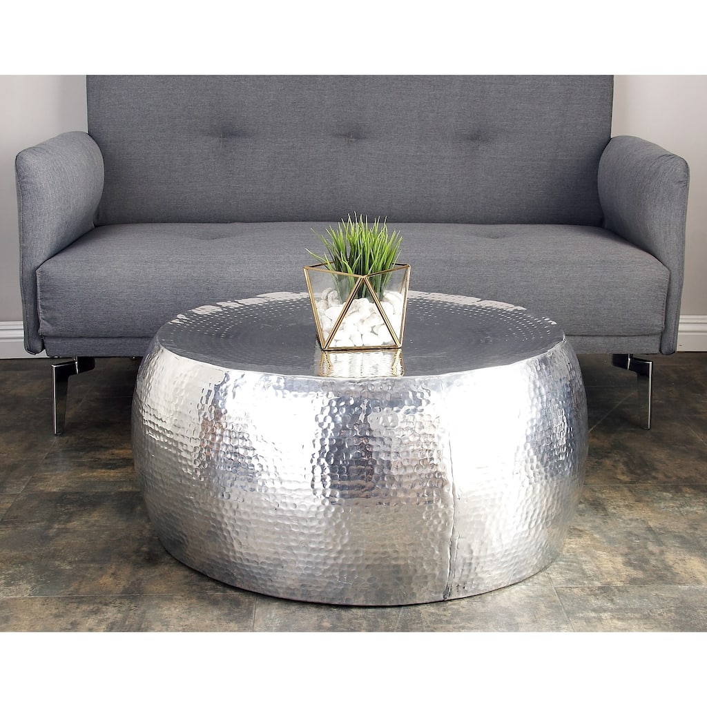 Silver Aluminum Metal Drum Shaped Living Room Coffee Table with Hammered Design