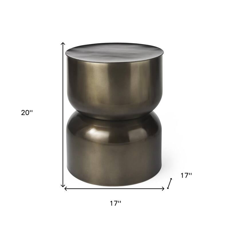 HomeRoots 20" Antiqued Gold Iron Round Cinched Drum End Table - 17.00 in. x 20.00 in. x 17.00 in.