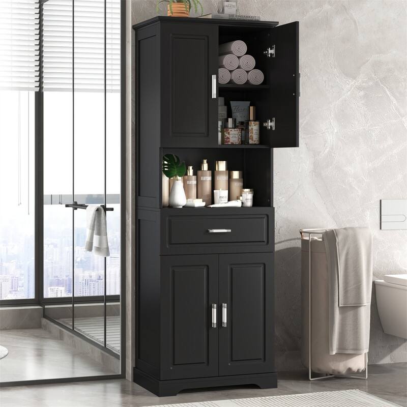 Tall Bathroom Storage Cabinet with 4 Doors and 1 Drawer, Freestanding Bathroom Floor Cabinet w/Open Storage & Adjustable Shelves